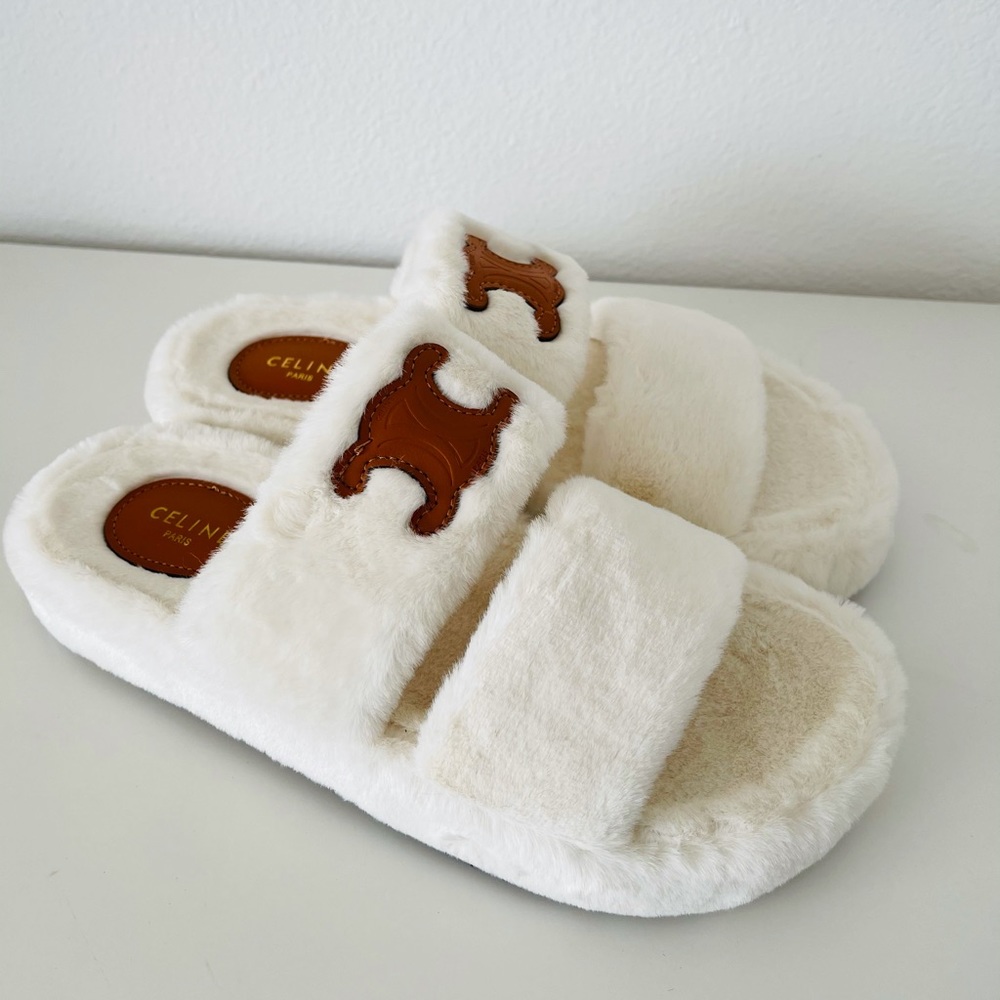 CELINE FUR SLIDES TRIOMPHE OPEN SLIDE IN SHEARLING